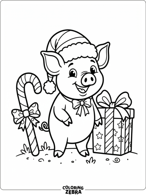 A pig in a Santa hat beside a gift box