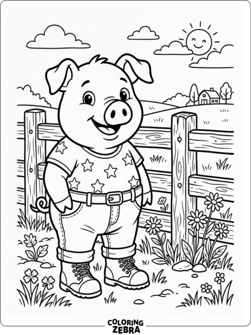 A pig wearing jeans and boots by a fence
