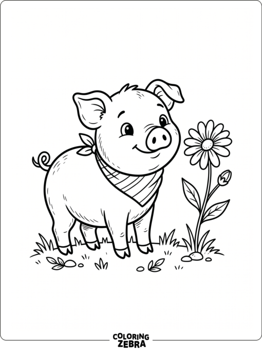 A cute pig standing beside a single flower