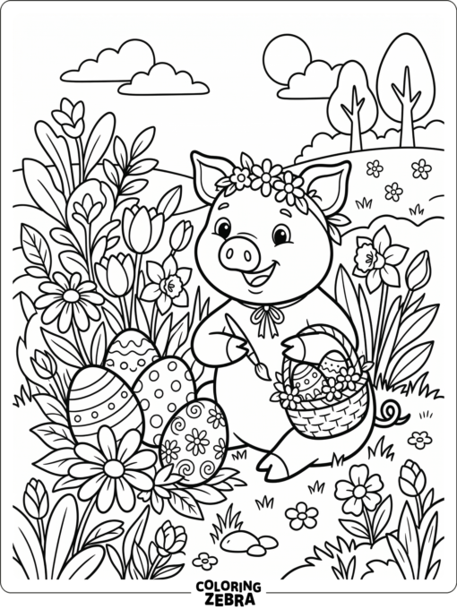 A pig beside painted eggs and flowers