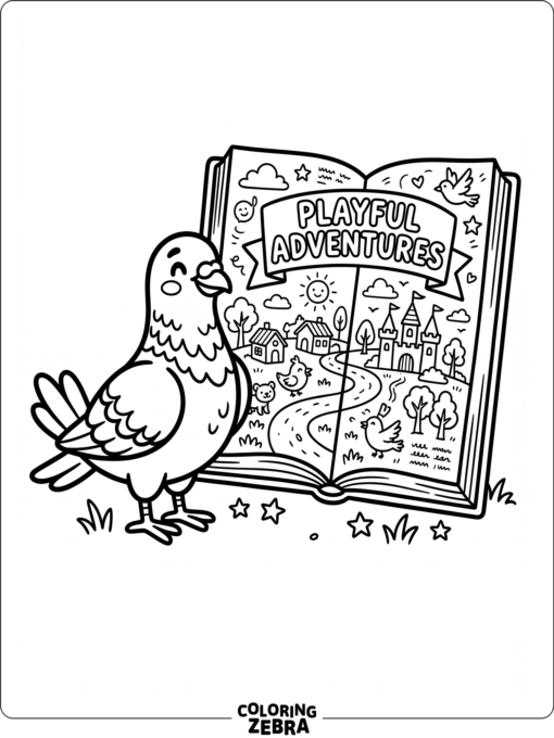 A cartoon pigeon next to an open book
