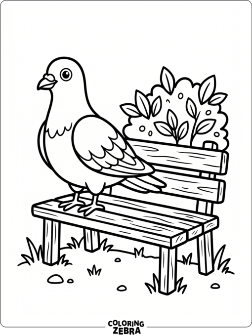 A pigeon near a park bench and bush