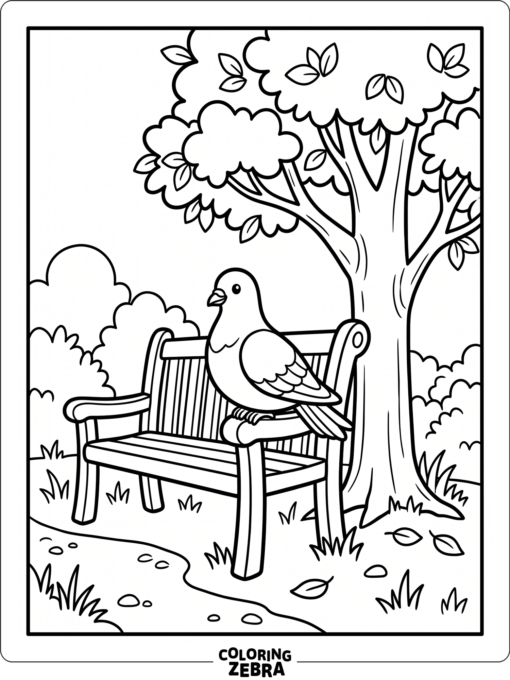 A pigeon resting in a park near a bench