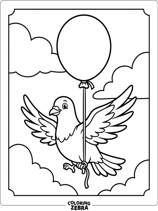 A pigeon floating with a balloon tied to one foot