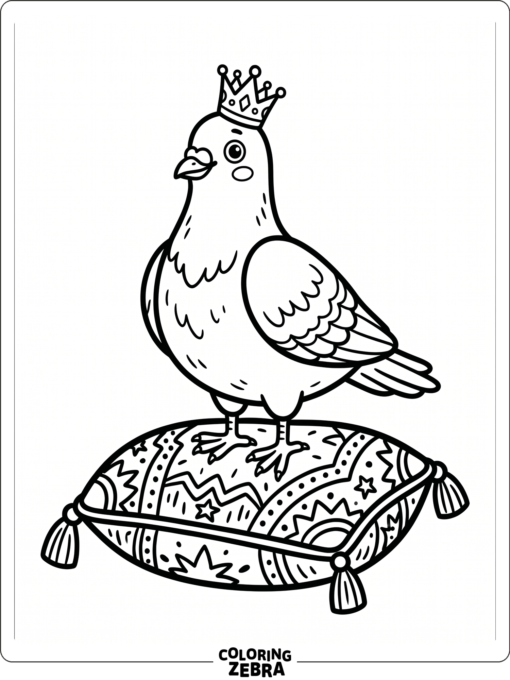 A crowned pigeon standing on a cushion