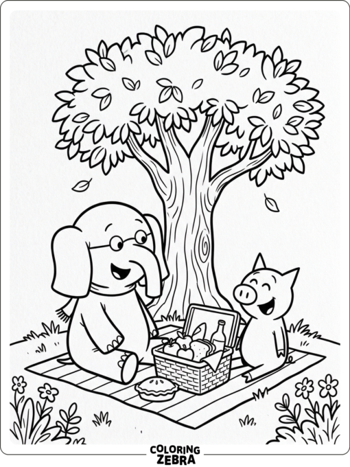 Piggie and Gerald sitting together with a picnic basket