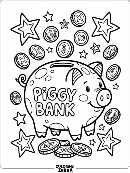A piggy bank with coins and stars around it
