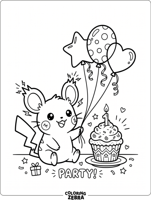 A cute electric mouse with balloons and a cupcake
