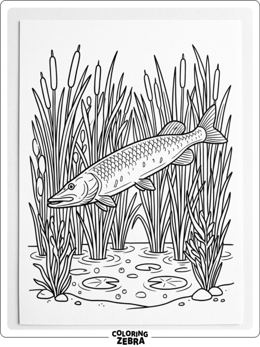 A pike fish gliding through reeds in a shallow lake