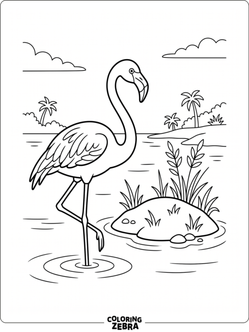 A pink flamingo standing beside the water