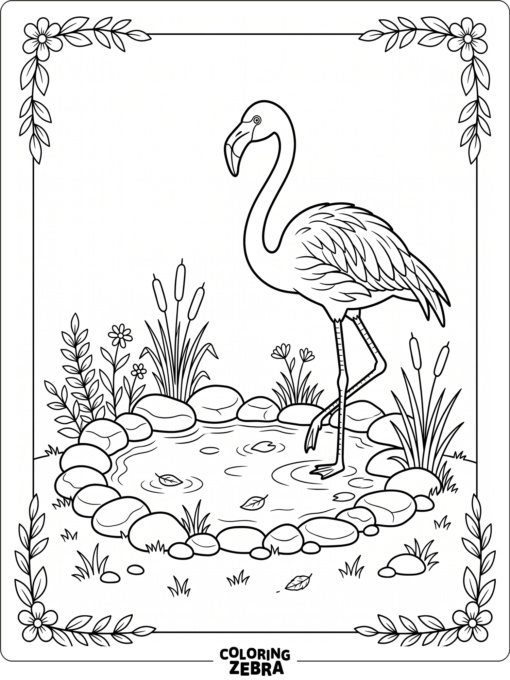 A pink flamingo beside a pond with stones