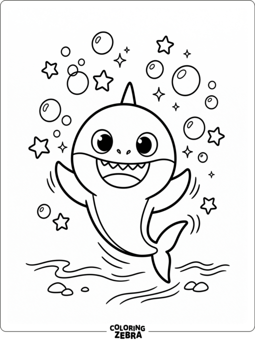 A Pinkfong style baby shark with bubbles and stars