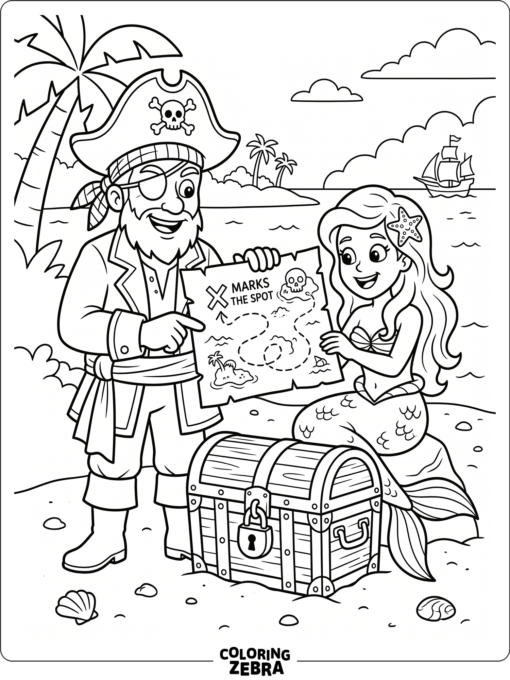 A pirate and a mermaid sharing a treasure map