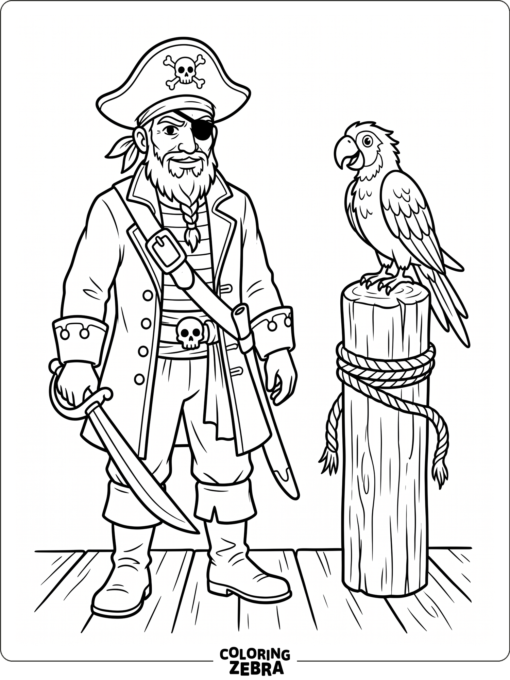 A pirate standing with a parrot on a post