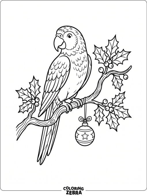 A parrot with holly leaves and a holiday ornament
