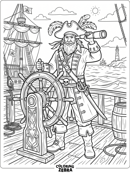 A pirate captain standing at the ship's wheel