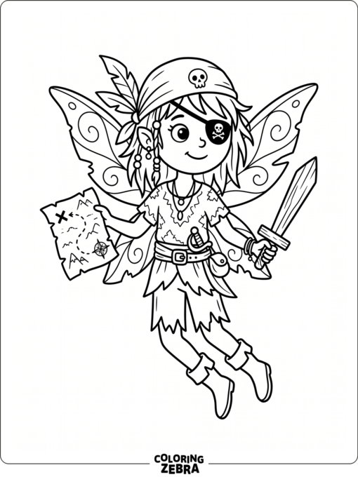 A pirate fairy with an eye patch and map