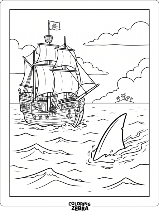 A pirate ship near a shark in the water