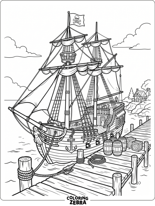 A pirate ship docked beside barrels and rope