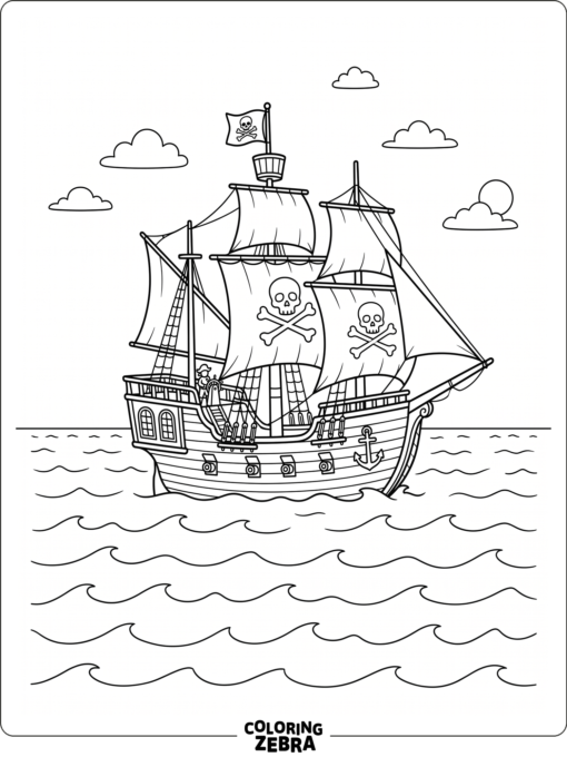 A pirate ship sailing across open water