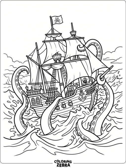 A pirate ship attacked by a kraken in rough water