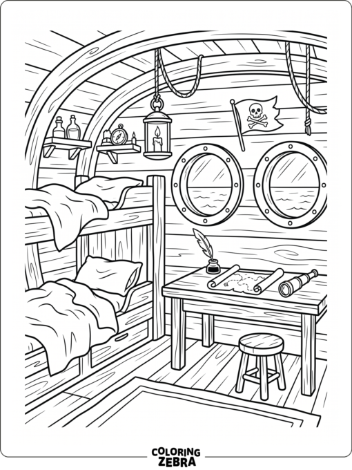 A pirate ship cabin with round windows and a flag