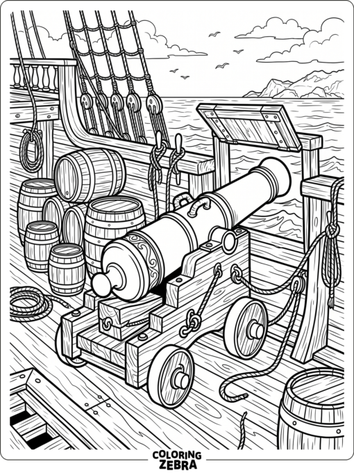 A pirate ship cannon beside stacked barrels