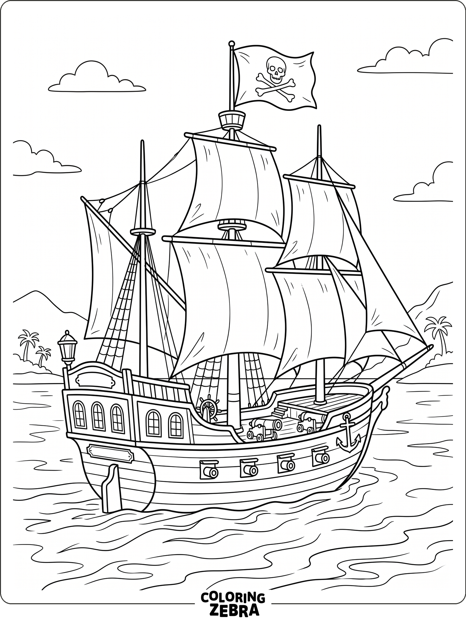 Classic pirate ship with sails and flag