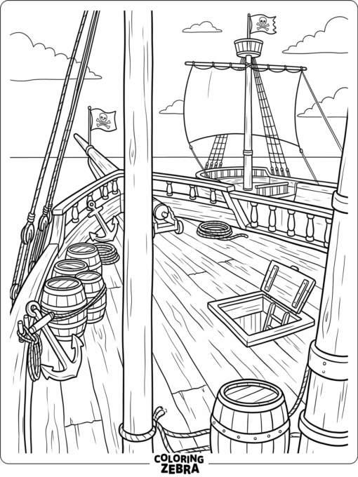 The deck of a pirate ship with barrels and rope