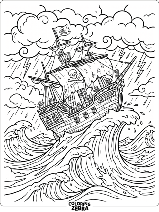 A pirate ship riding tall waves in a storm