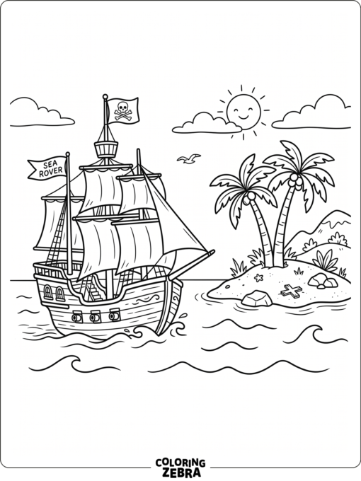 A pirate ship sailing near a tropical island