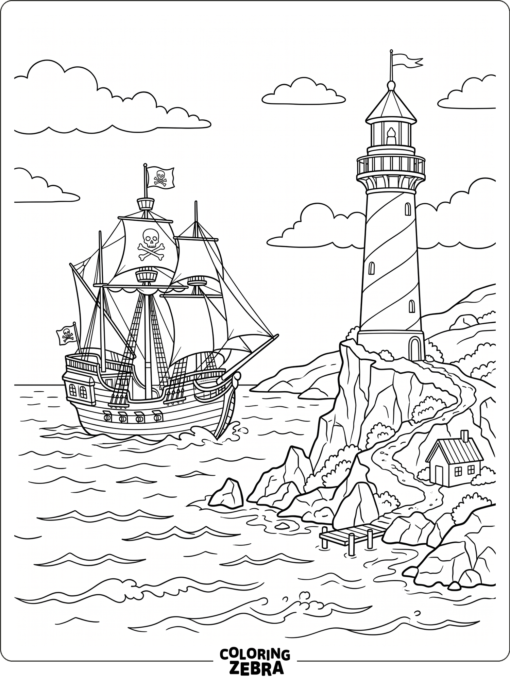A pirate ship sailing near a lighthouse