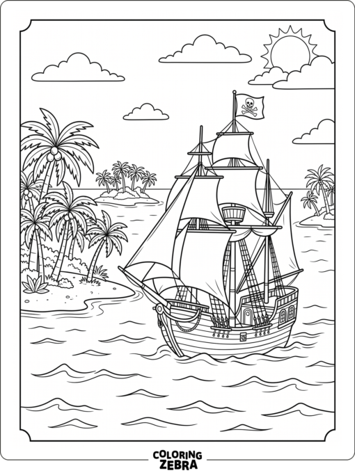 A pirate ship on a tropical ocean with islands