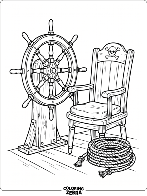 A ship steering wheel with a captain's chair and rope