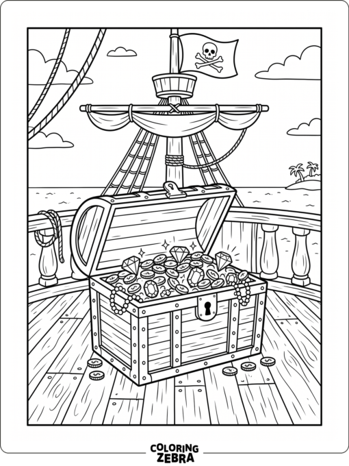 An open treasure chest with coins and jewels on a ship deck