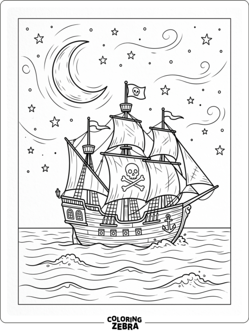 A pirate ship sailing under moonlight and stars