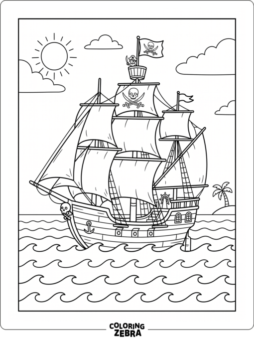 A pirate ship with full sails gliding over gentle waves
