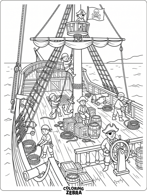 A pirate ship deck crowded with pirates and gear