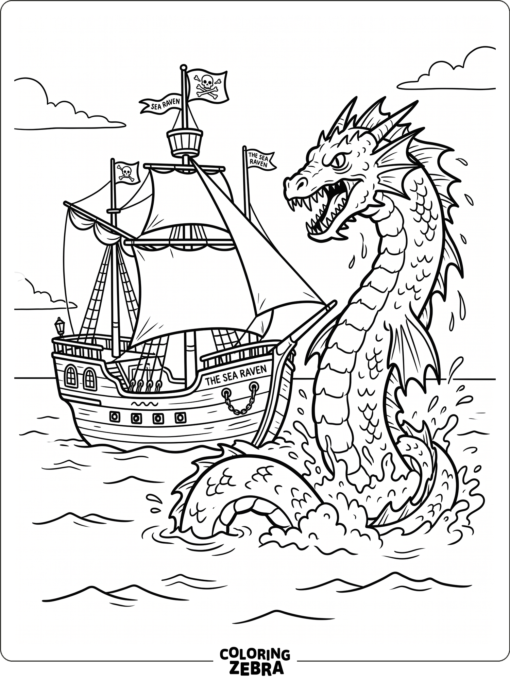 A pirate ship facing a sea monster
