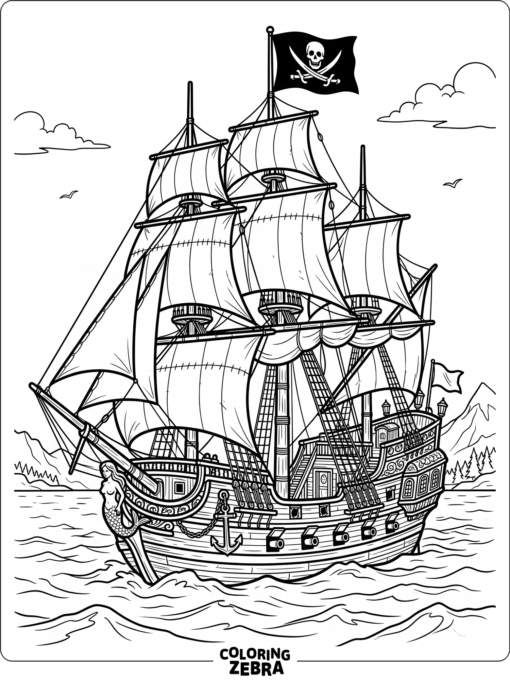 A pirate ship with a skull flag flying high
