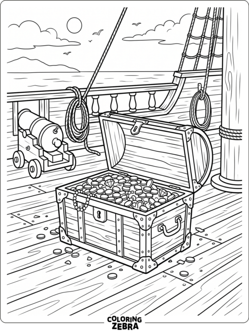A pirate ship deck with treasure and gold coins