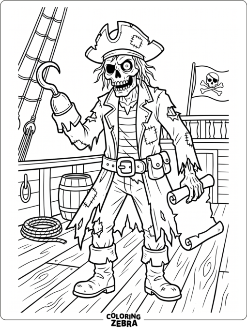 Pirate zombie standing on a ship deck with a hook hand