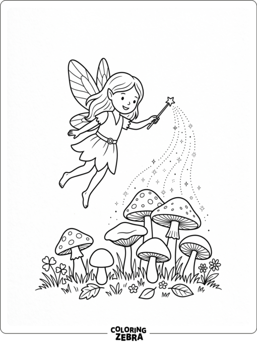 A tiny fairy sprinkling dust over mushrooms