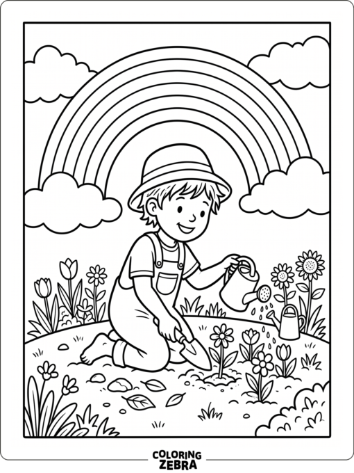 A child planting flowers under a rainbow