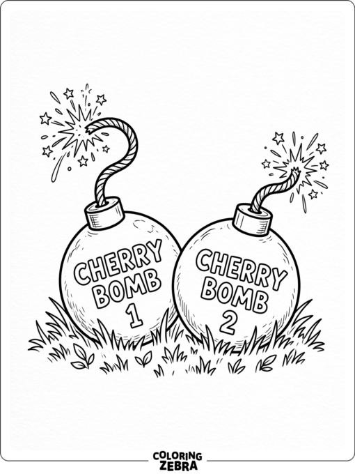 Two Cherry Bombs rest on the grass with lit fuses