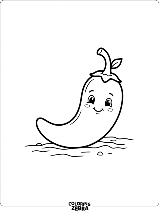 Chili pepper with a face sits on the ground