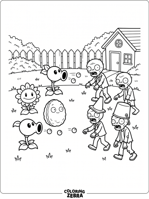 Plants and zombies stand in a simple yard battle scene