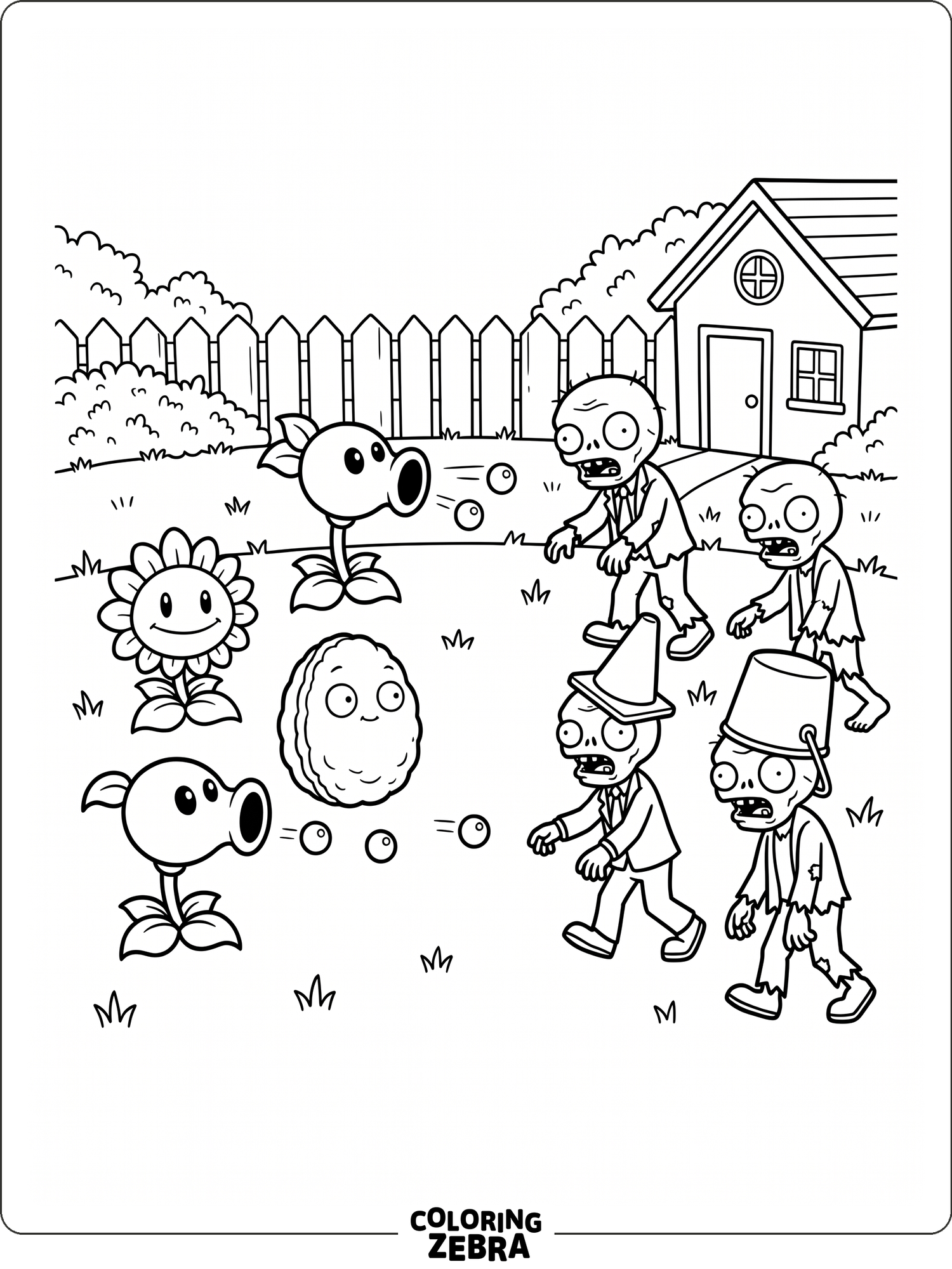 Plants and zombies stand in a simple yard battle scene