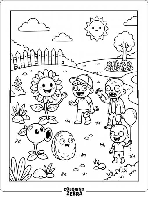 Friendly Plants and Zombies characters in a kid-friendly scene