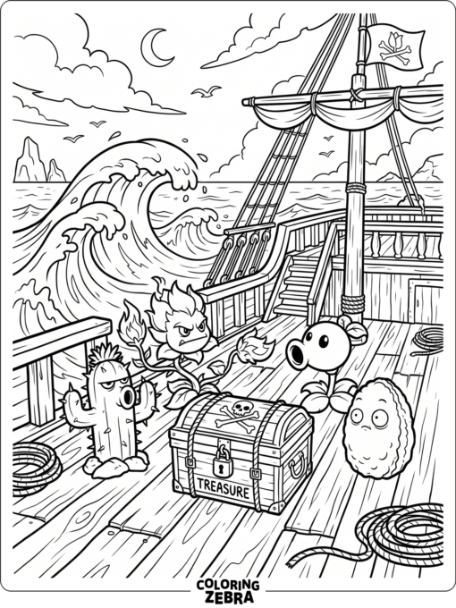 Plants vs Zombies pirate ship scene with waves and deck details